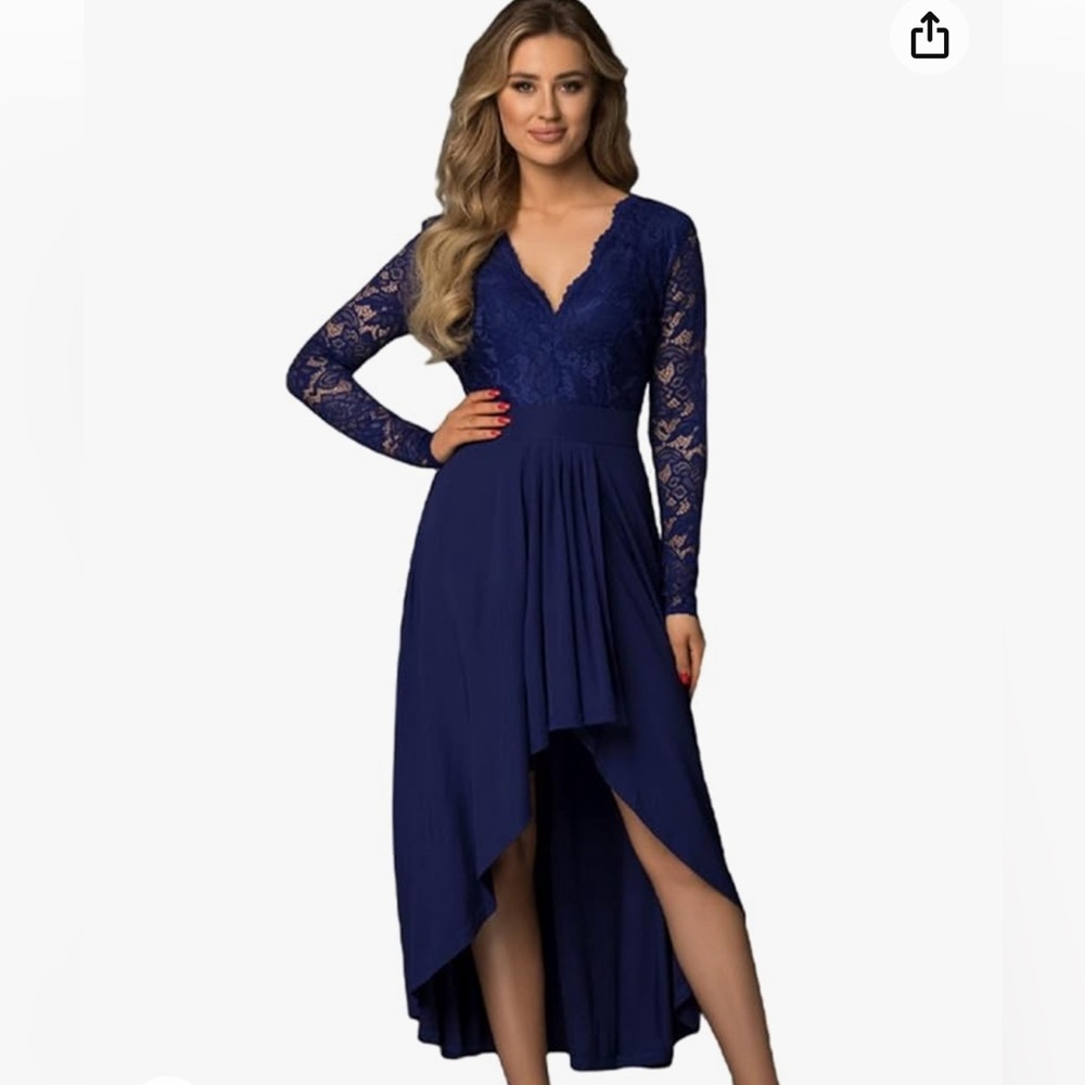 Women’s blue wrap dress high low long sleeve lace v neck open back wedding guest